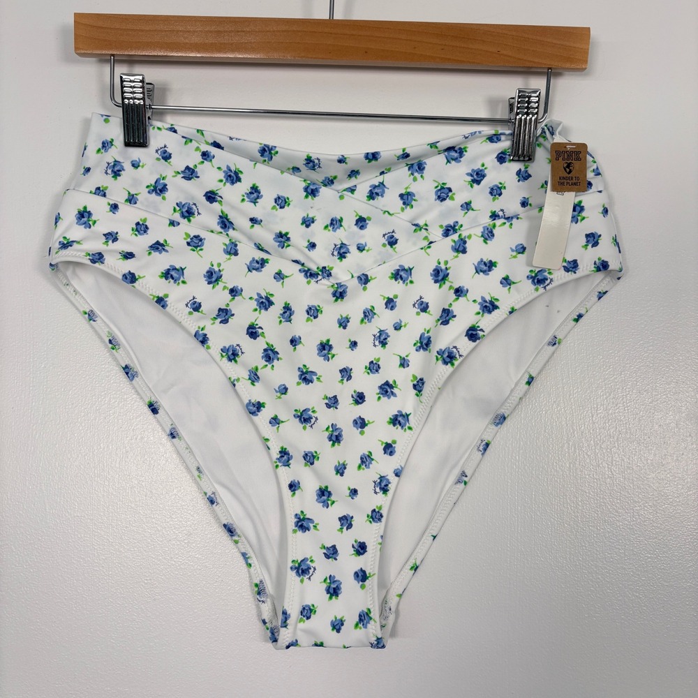 PINK Victorias Secret Women Bikini Bottom XL White Blue Floral VFront High Waist